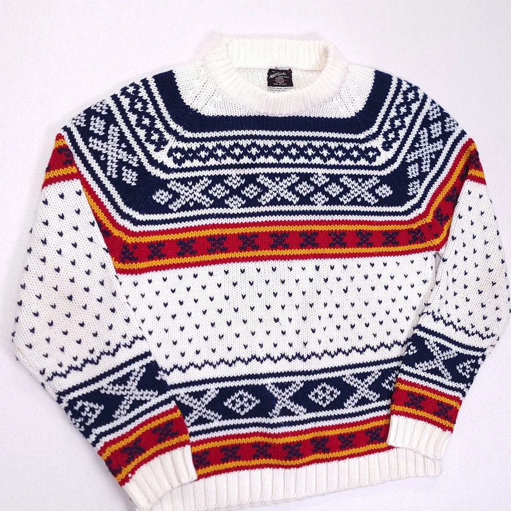 National‎ Shirt Shops Vintage Fair Isle Nordic Knit Sweater Mens Large White Red